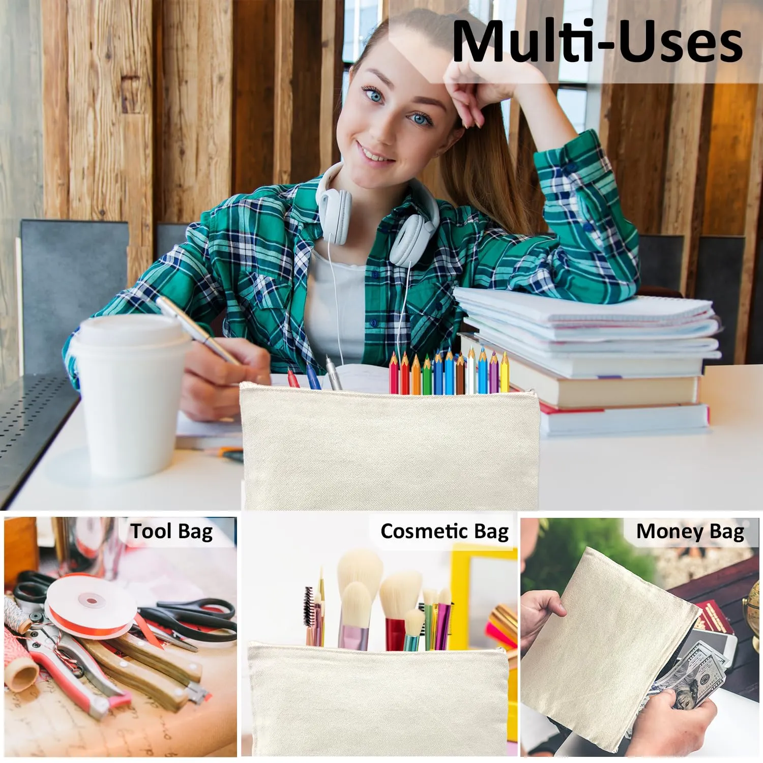 Koolmox Canvas Pouch with Zipper Bulk, 20 pcs 9x7'' Cosmetic Bag Multipurpose Makeup with Zipper Canvas Pouch Large Travel Toiletry Pouches DIY Craft Purse Pencil Bag, Blank Beige