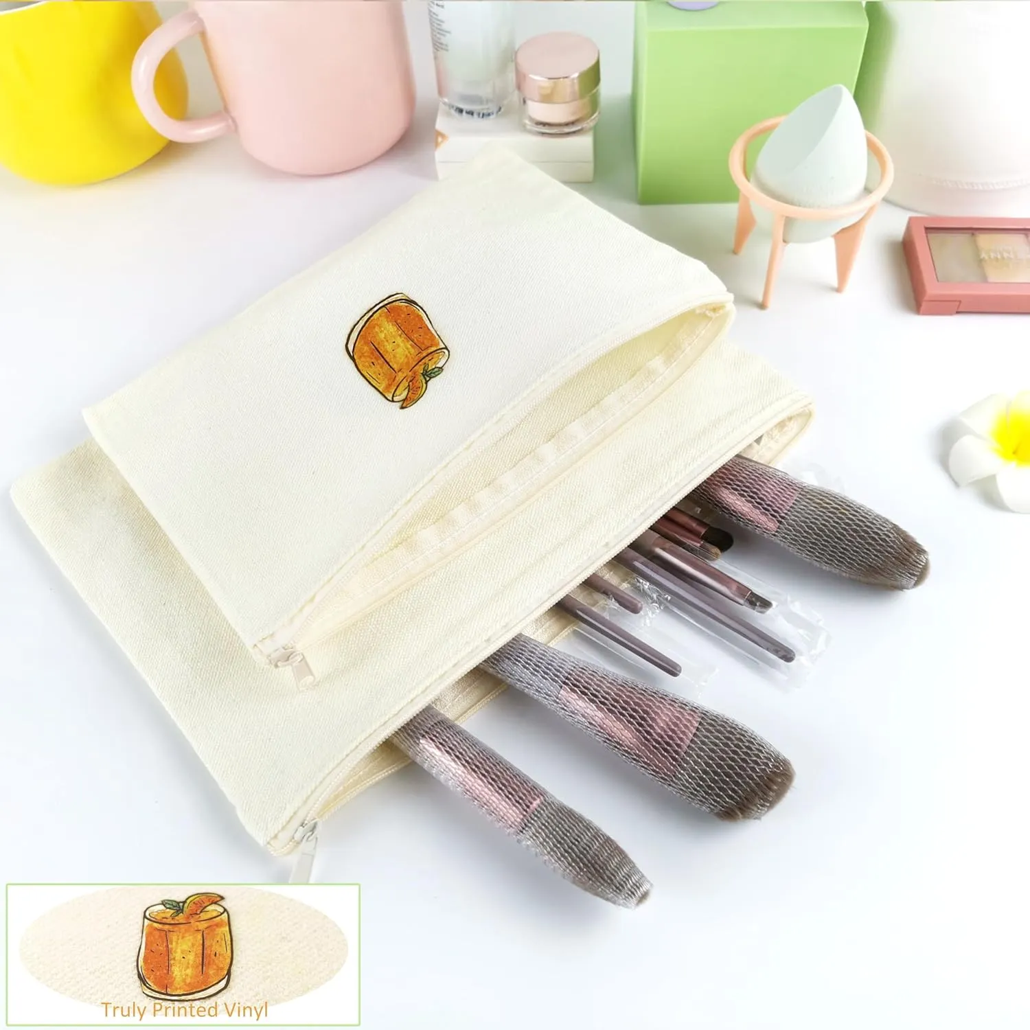 Koolmox Canvas Pouch with Zipper Bulk, 40 pcs 7.9x5.5'' Cosmetic Bag Multipurpose Makeup Pouches with Zipper Canvas Bag Large Travel Toiletry Pouch DIY Craft Purse, Blank Beige Bags Beige Zip