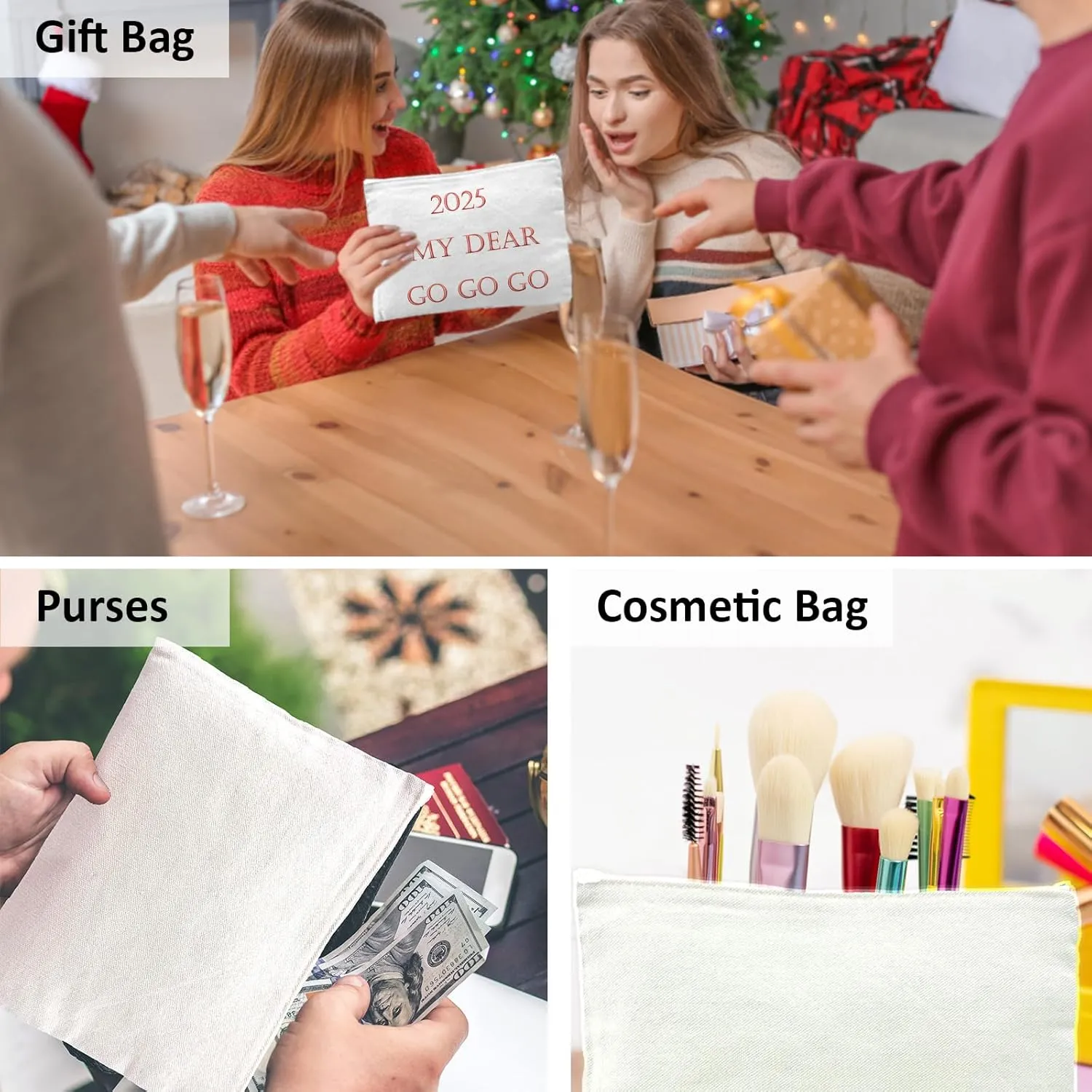 Koolmox Canvas Zipper Pouch, 40 Blank White Cloth Pouch, Pencil Pouch White Sublimation Cosmetic Pouches Blanks Makeup Bags Bulk, Black Zipper Canvas Bag Blanks for Vinyl Projects Decorating