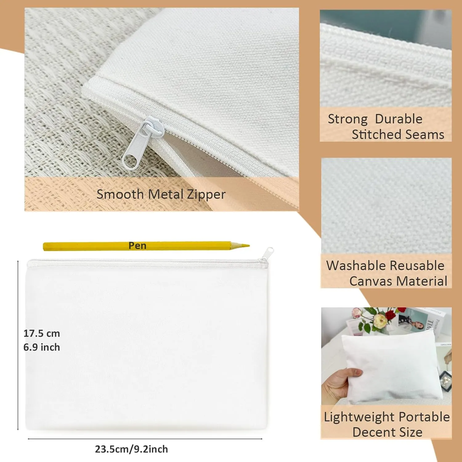 Koolmox Canvas Zipper Pouch, 40 Blank White Cloth Pouch, Pencil Pouch White Sublimation Cosmetic Pouches Blanks Makeup Bags Bulk, Black Zipper Canvas Bag Blanks for Vinyl Projects Decorating