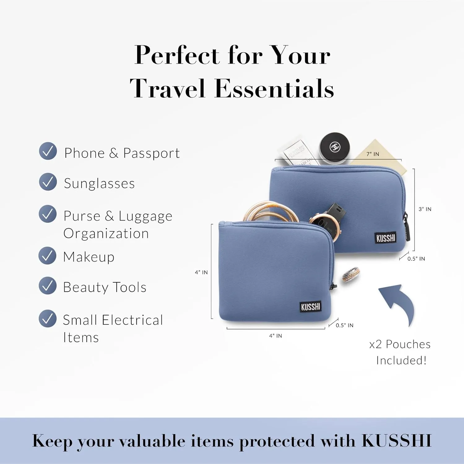 KUSSHI 2pc Neoprene On-The-Go Pouch Set - Passport Holder and Travel Zipper Makeup Pouch for Purse Organization, Electronics, Glasses & Valuables (Pearl Blue)