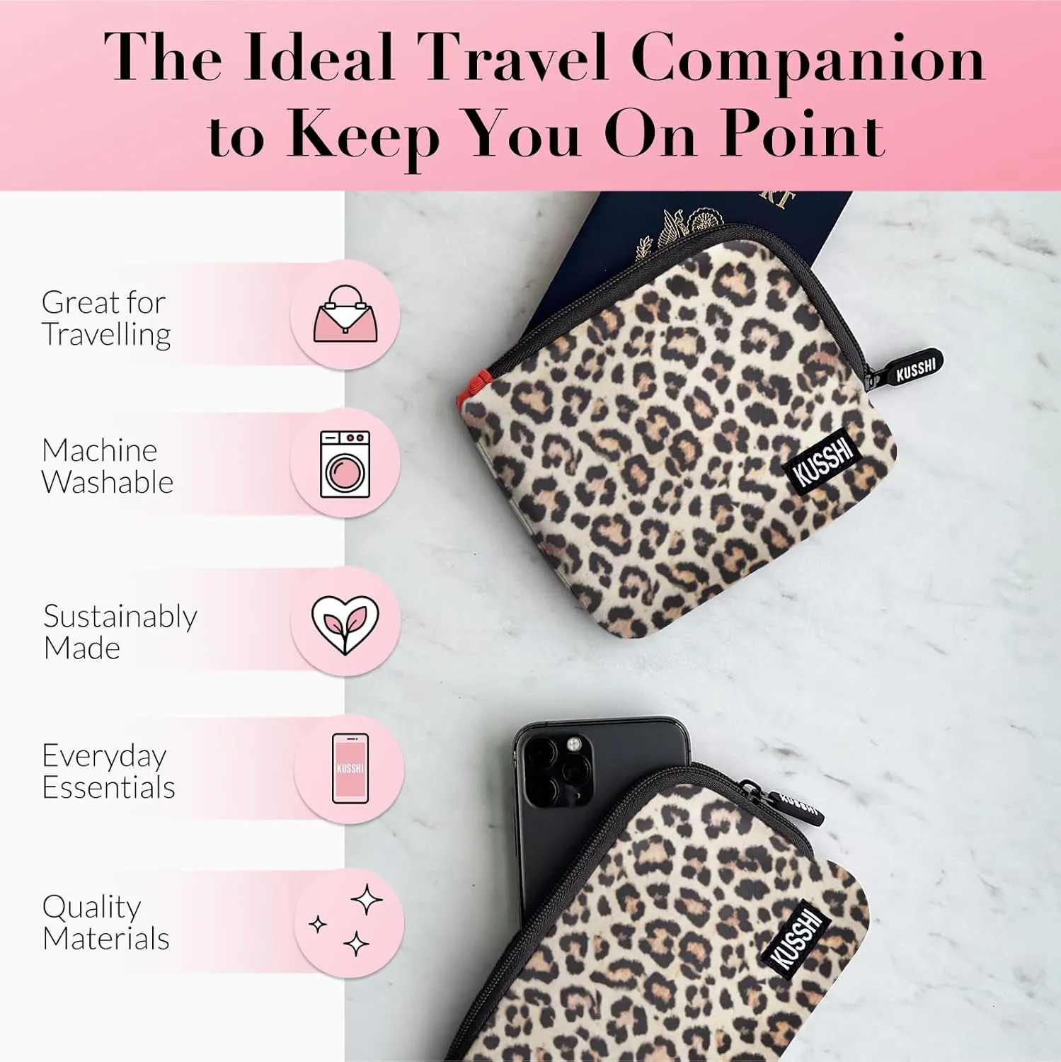 KUSSHI 2pc Neoprene On-The-Go Pouch Set - Passport Holder and Travel Zipper Makeup Pouch for Purse - Small Purse Pouch for Organization, Electronics, Glasses & Valuables (Leopard)