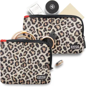 KUSSHI 2pc Neoprene On-The-Go Pouch Set - Passport Holder and Travel Zipper Makeup Pouch for Purse - Small Purse Pouch for Organization, Electronics, Glasses & Valuables (Leopard)