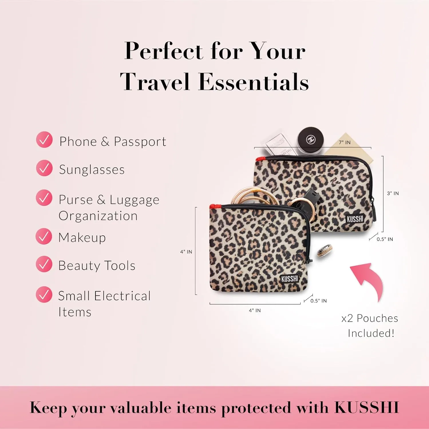 KUSSHI 2pc Neoprene On-The-Go Pouch Set - Passport Holder and Travel Zipper Makeup Pouch for Purse - Small Purse Pouch for Organization, Electronics, Glasses & Valuables (Leopard)
