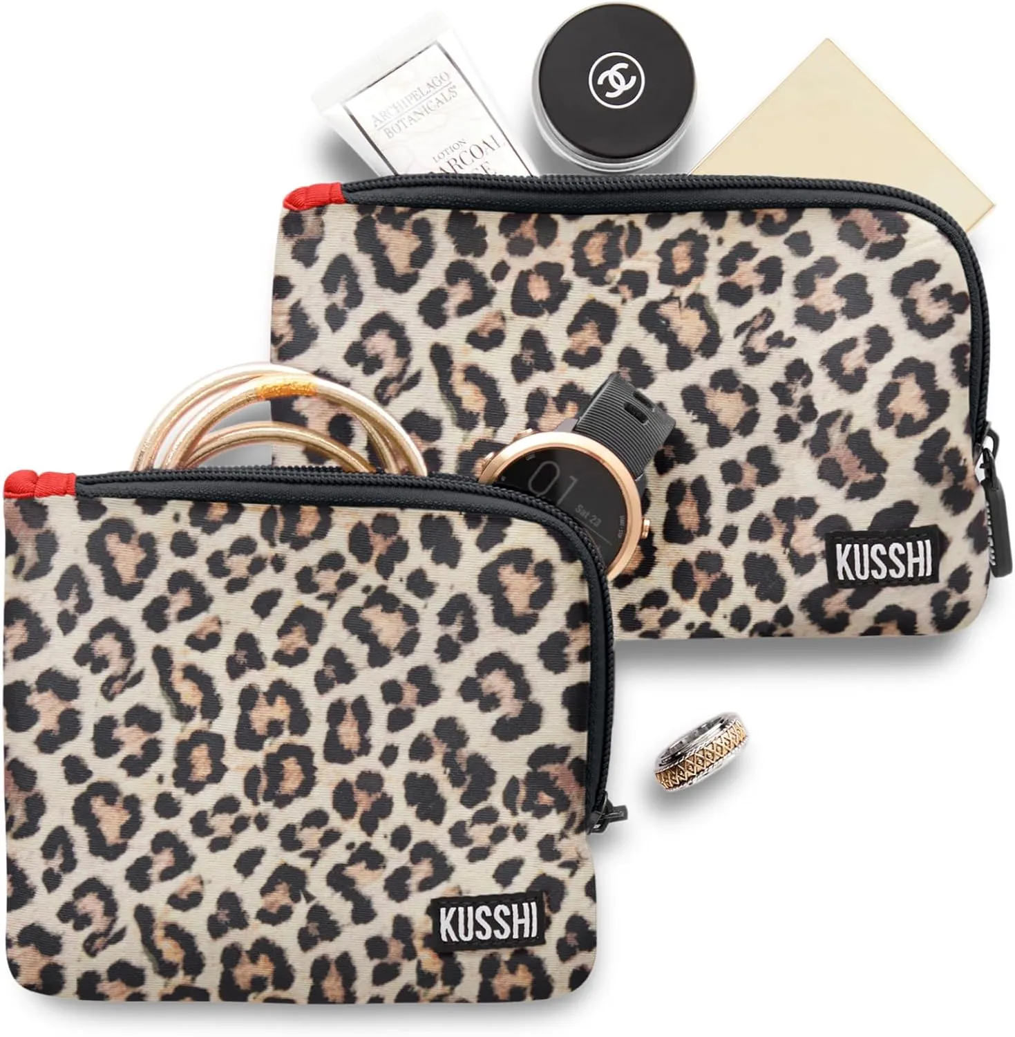 KUSSHI 2pc Neoprene On-The-Go Pouch Set - Passport Holder and Travel Zipper Makeup Pouch for Purse - Small Purse Pouch for Organization, Electronics, Glasses & Valuables (Leopard)