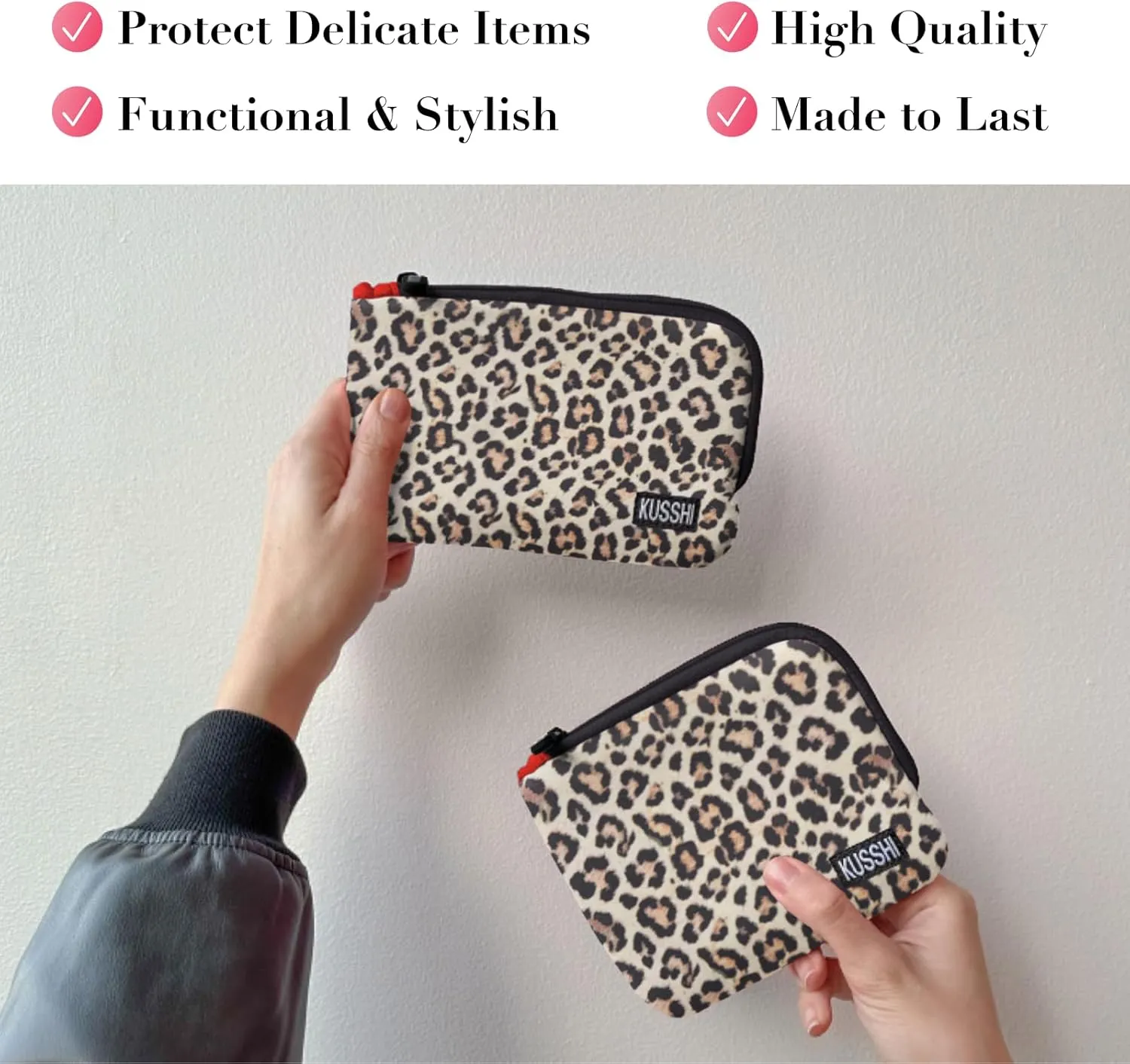 KUSSHI 2pc Neoprene On-The-Go Pouch Set - Passport Holder and Travel Zipper Makeup Pouch for Purse - Small Purse Pouch for Organization, Electronics, Glasses & Valuables (Leopard)