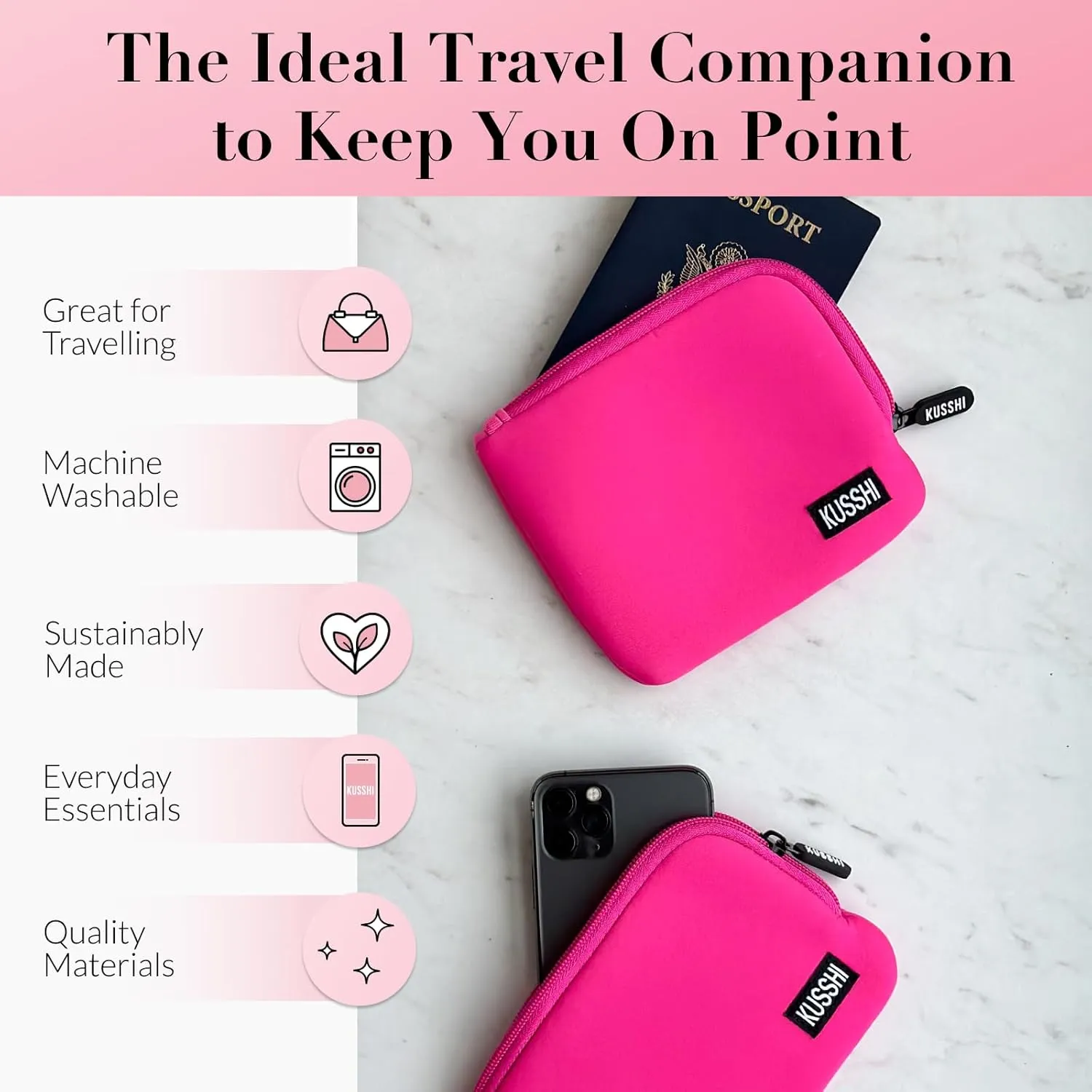 KUSSHI 2pc Neoprene On-The-Go Pouch Set - Passport Holder and Travel Zipper Makeup Pouch for Purse - Small Purse Pouch for Organization, Electronics, Glasses & Valuables (Pink)