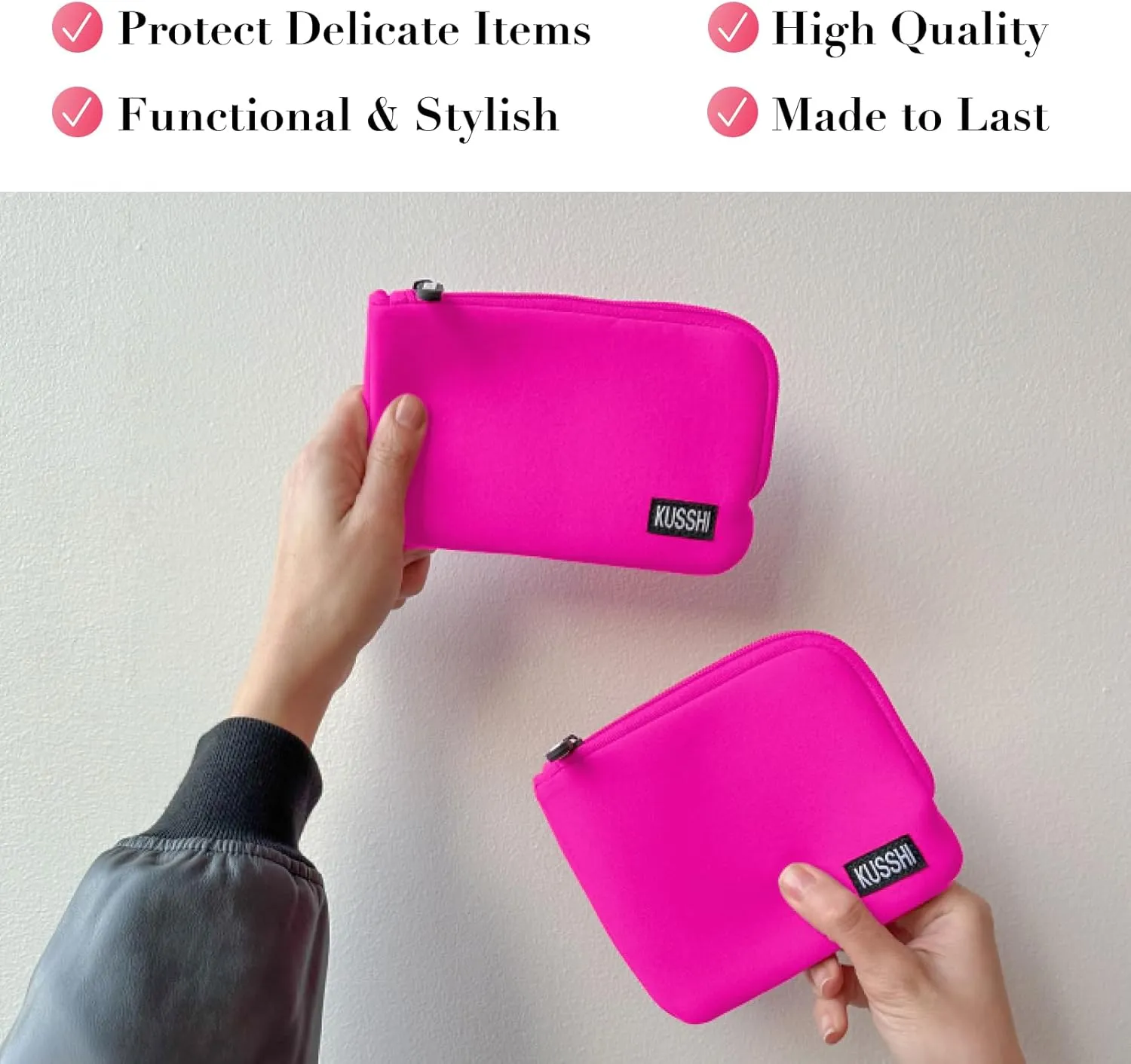 KUSSHI 2pc Neoprene On-The-Go Pouch Set - Passport Holder and Travel Zipper Makeup Pouch for Purse - Small Purse Pouch for Organization, Electronics, Glasses & Valuables (Pink)