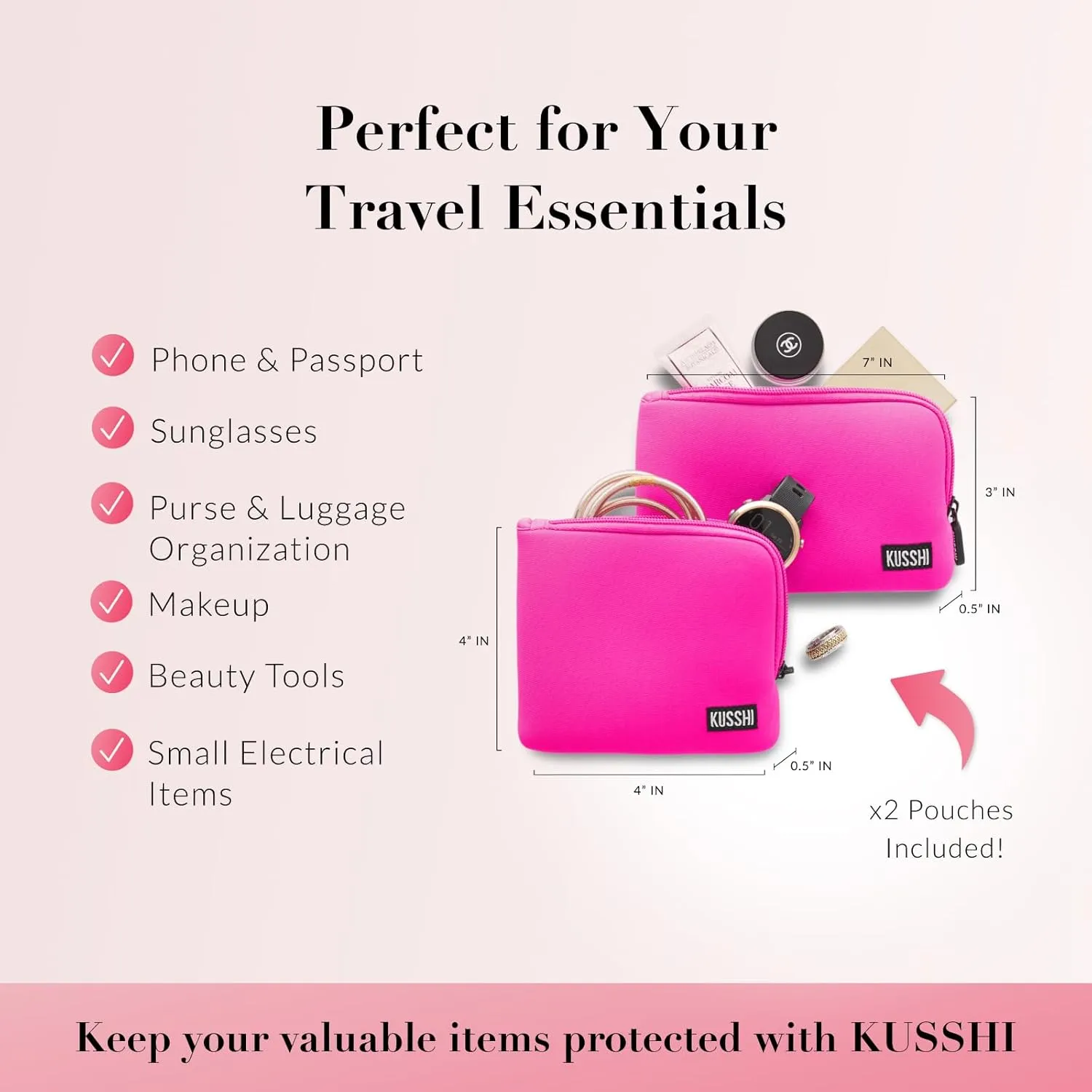 KUSSHI 2pc Neoprene On-The-Go Pouch Set - Passport Holder and Travel Zipper Makeup Pouch for Purse - Small Purse Pouch for Organization, Electronics, Glasses & Valuables (Pink)
