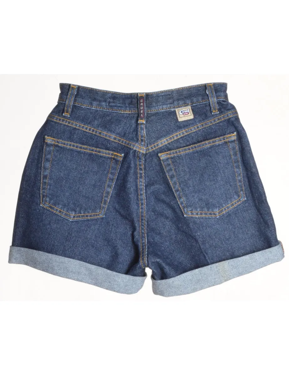 Label Rolled Hem Indigo Denim Shorts