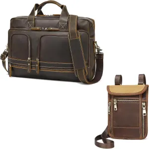 LANNSYNE Vintage Genuine Leather Briefcases for Men, 17" Leather Laptop Bag And Leather Travel Wallet