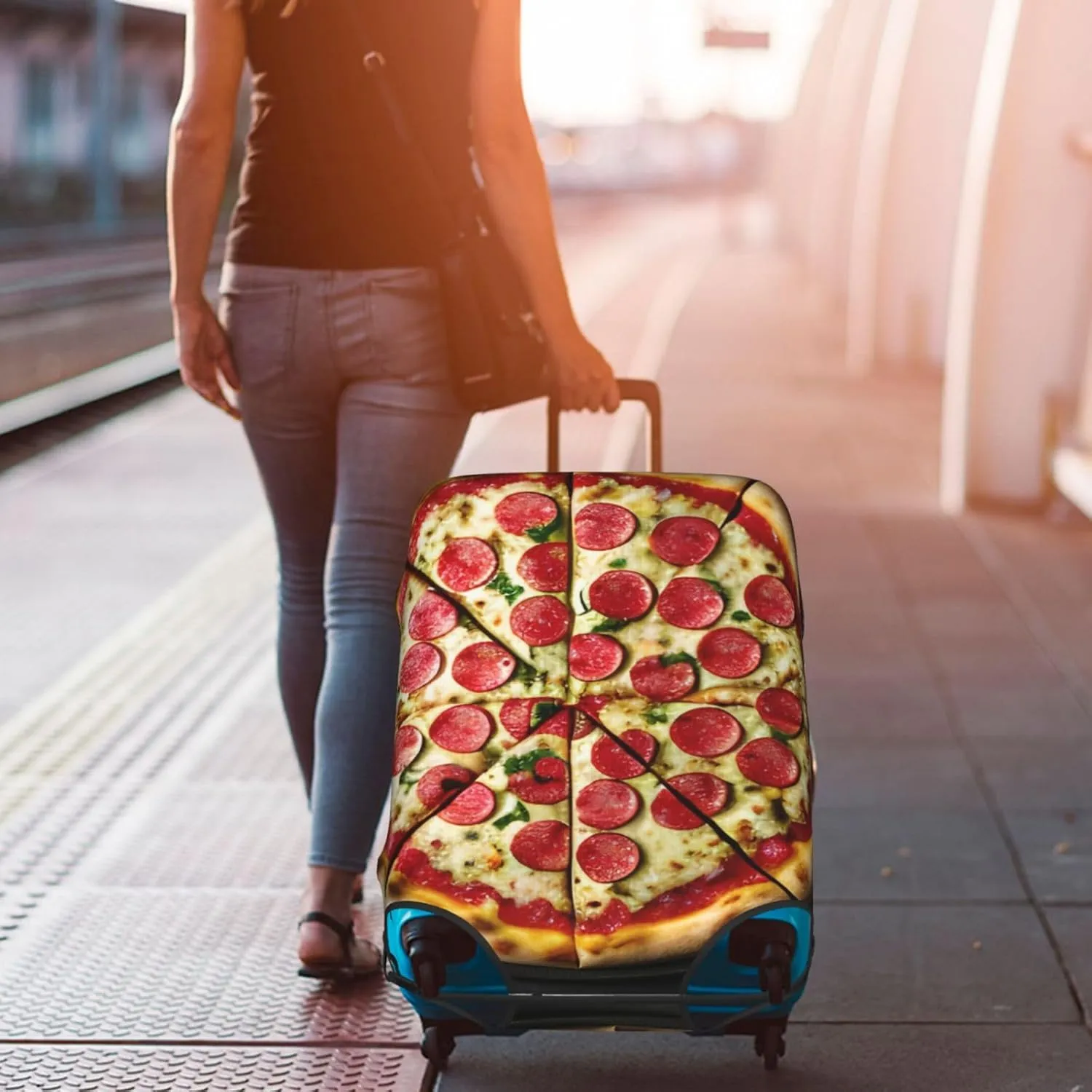 Large Pizza Print Washable Suitcase Cover Protective Luggage Cover Anti Scratch Travel Gear Protector