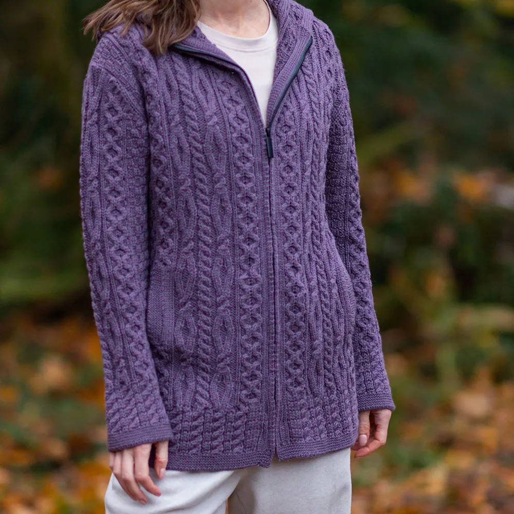 Lavender Siobhan Hooded Zip Aran Cardigan