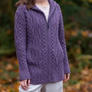 Lavender Siobhan Hooded Zip Aran Cardigan