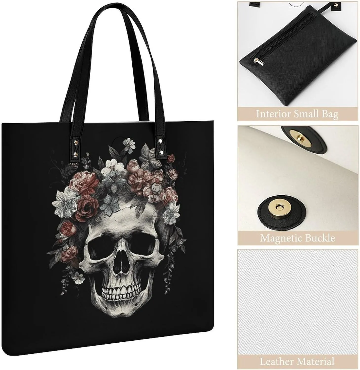 Leather Handbag for Women Tote Bag with Magnetic Buckle Skull in Darkness Crossbody Bag Shoulder Bags