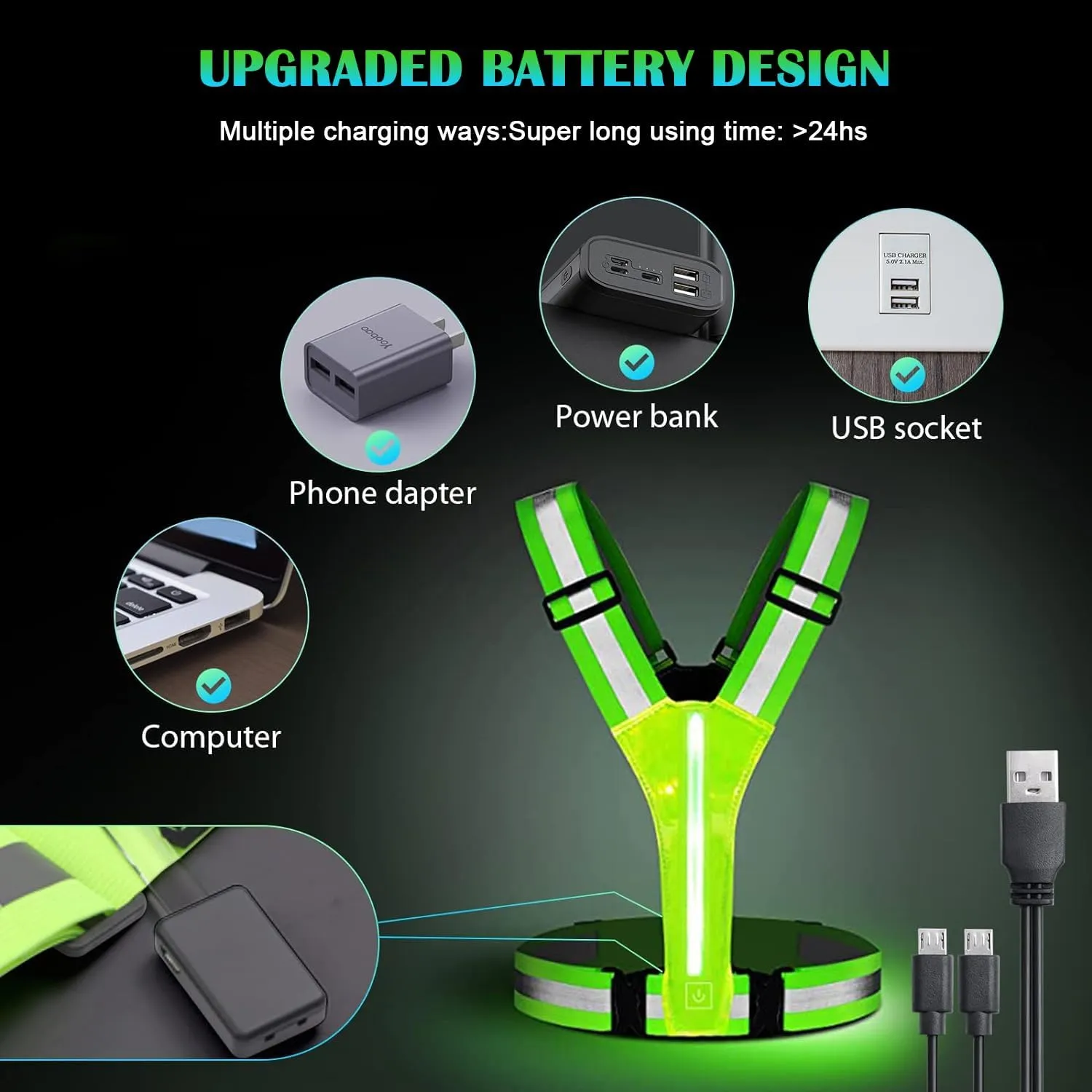 LED Reflective Vest Running Gear, Lights Up Running Vest Rechargeable, High Visibility Reflective Running Gear for Night Walking Running Cycling Jogging