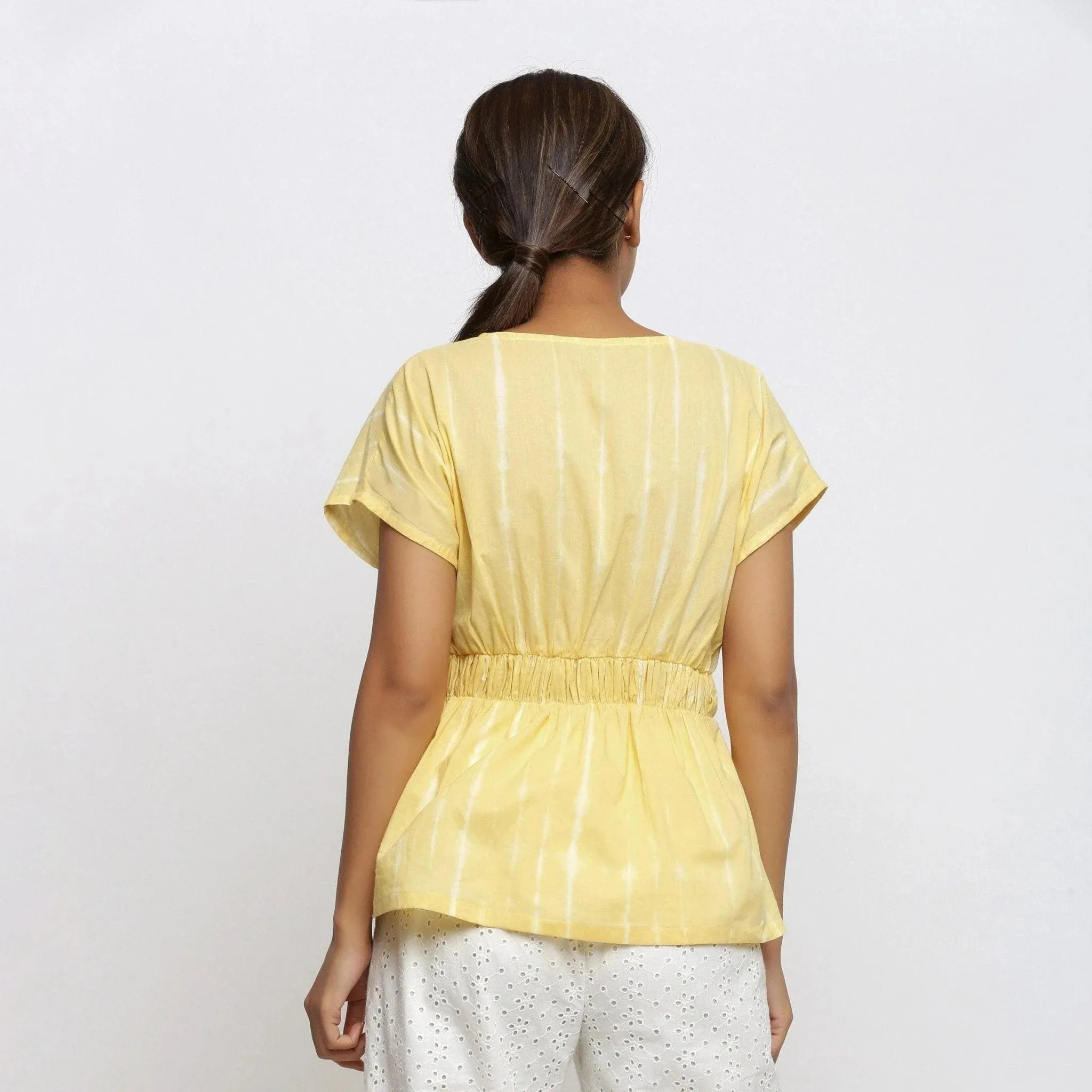 Light Yellow Hand Tie-Dye Cotton V-Neck Blouson Top