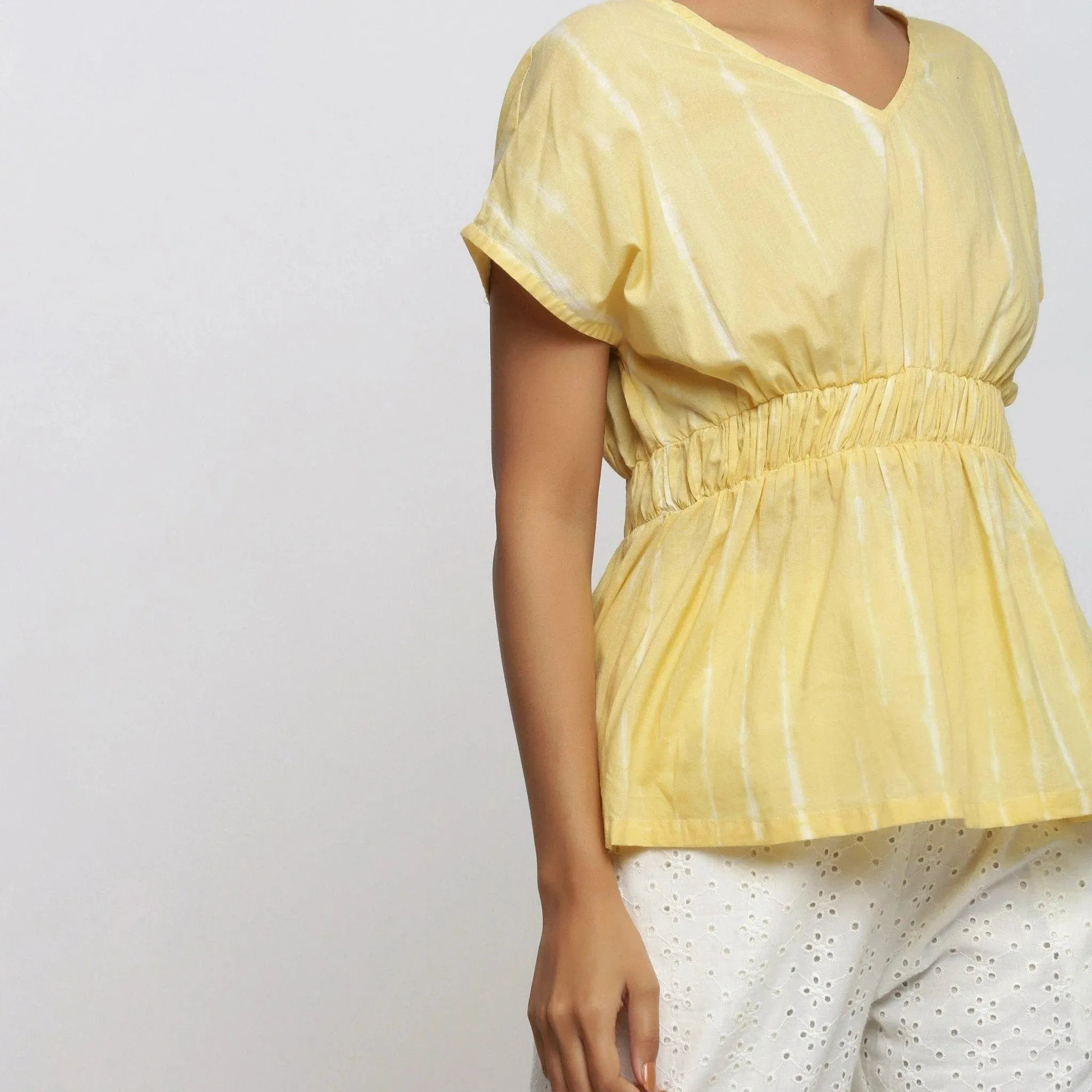 Light Yellow Hand Tie-Dye Cotton V-Neck Blouson Top