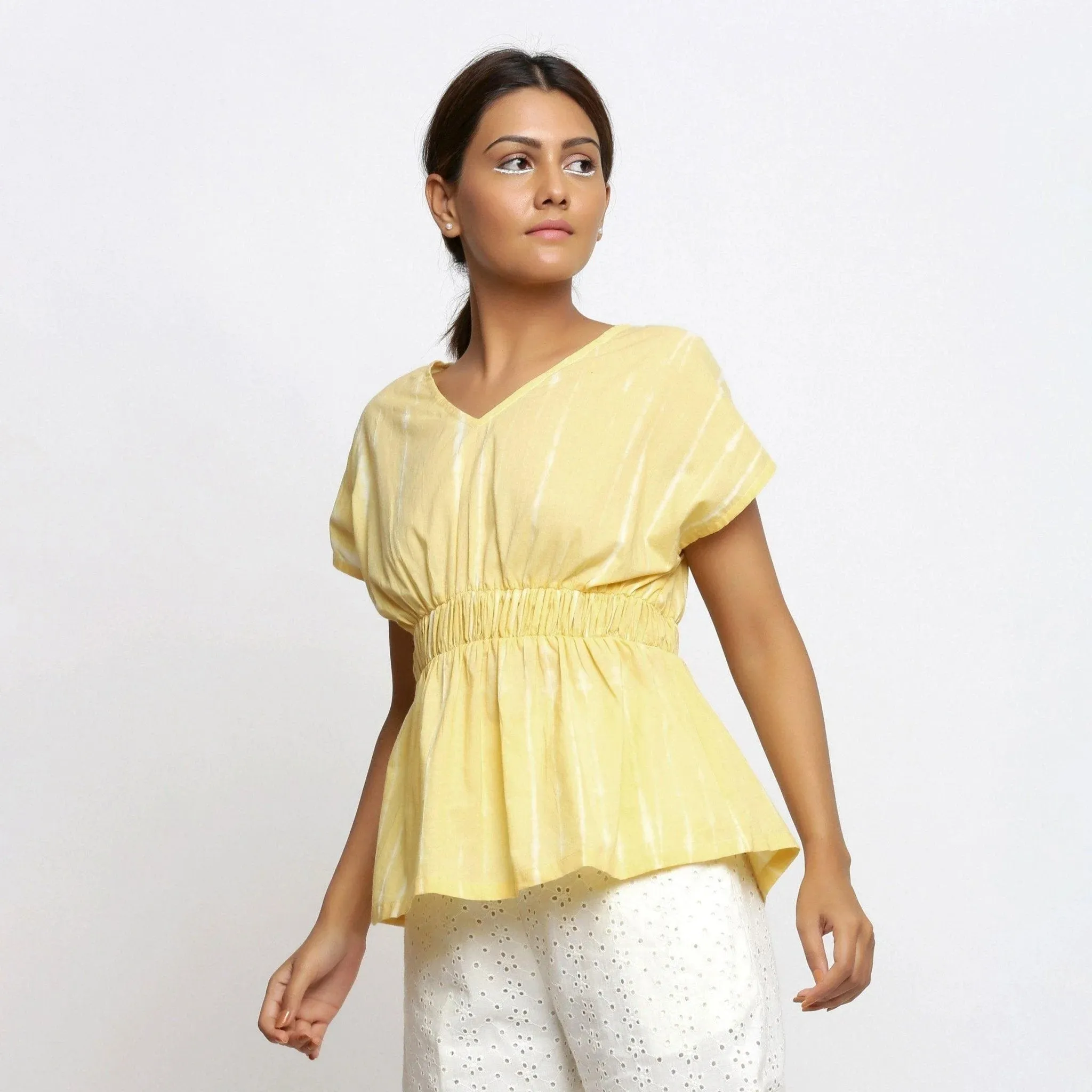 Light Yellow Hand Tie-Dye Cotton V-Neck Blouson Top