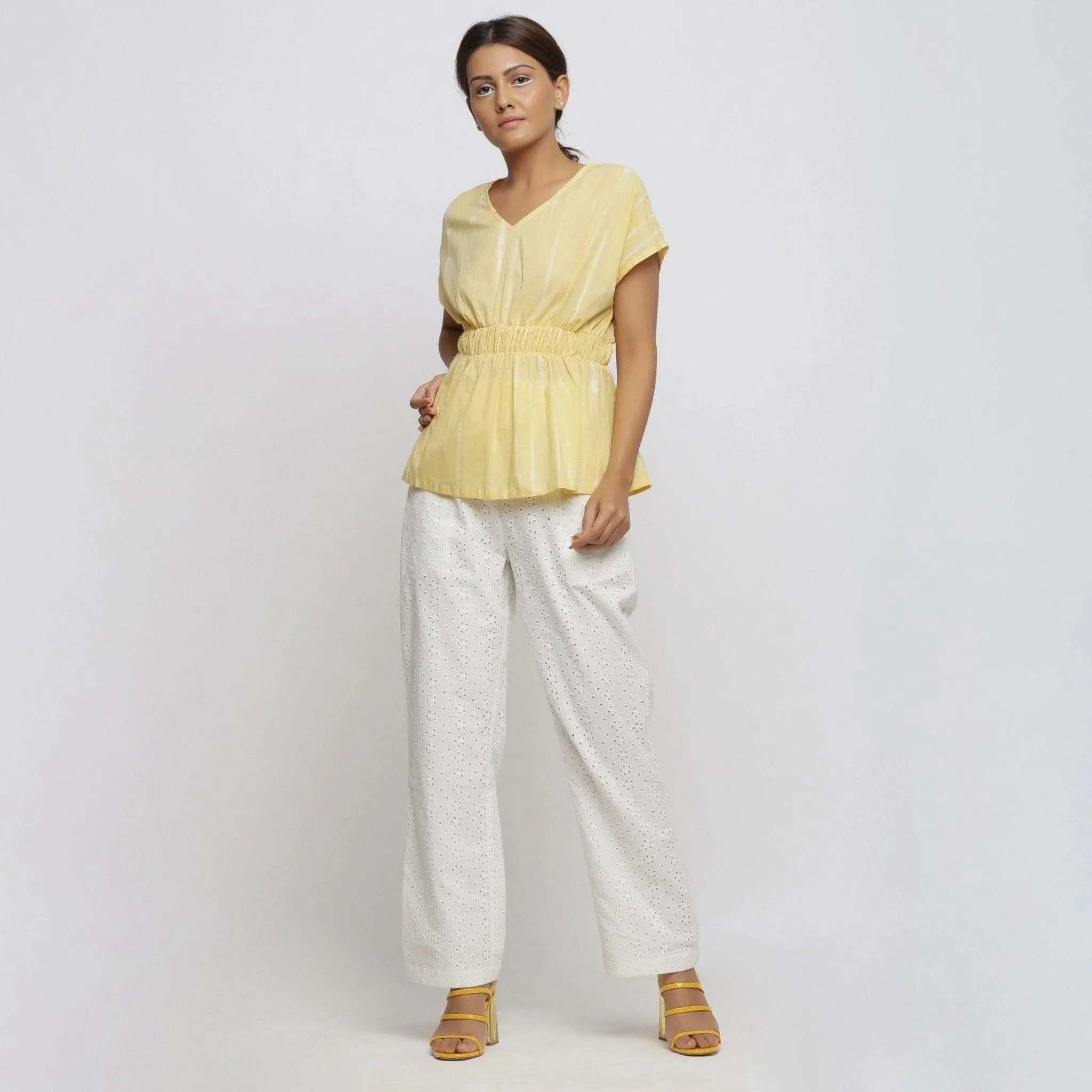 Light Yellow Hand Tie-Dye Cotton V-Neck Blouson Top