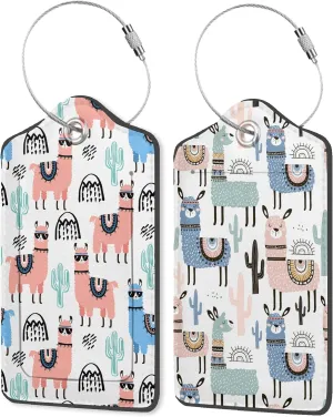 Llama PU Leather Luggage Tags for Suitcase, Cactus Creative Childish Texture Travel 2 Pack with Privacy Flap, Name ID Label and Metal Loop for Women Men Girls Baggage Bag Backpack