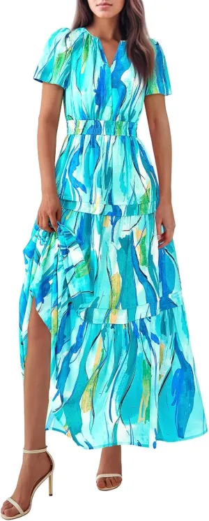 Long Floral Dresses for Women V Neck Summer Short Sleeve Loose Classy Sundresses Fashion Party Maxi Dresses