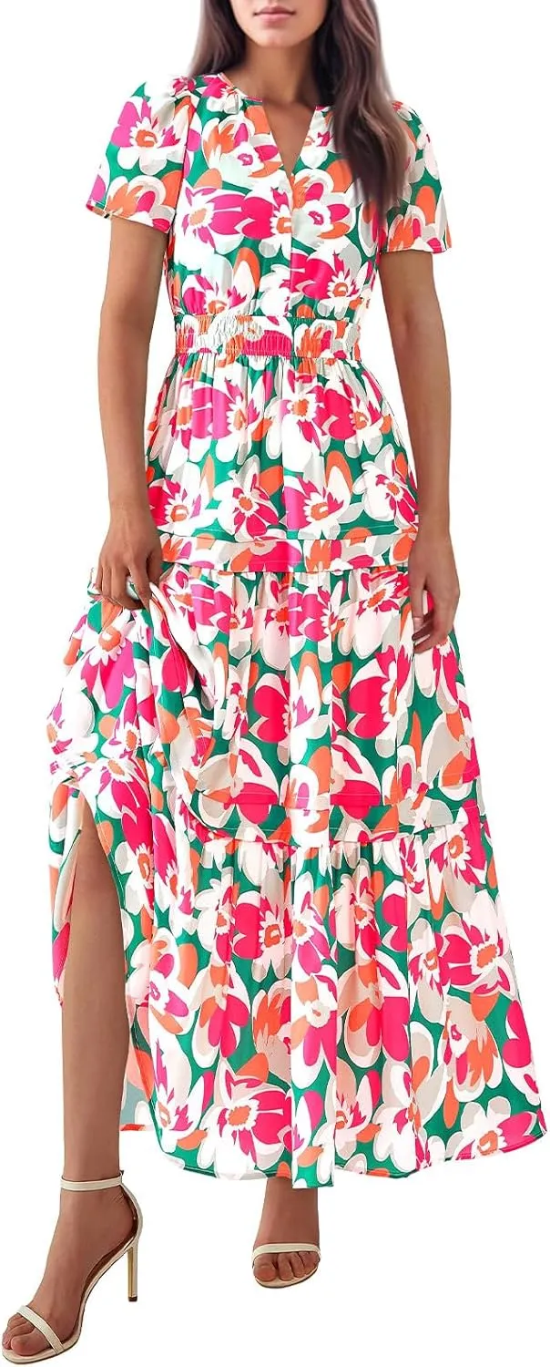 Long Floral Dresses for Women V Neck Summer Short Sleeve Loose Classy Sundresses Fashion Party Maxi Dresses
