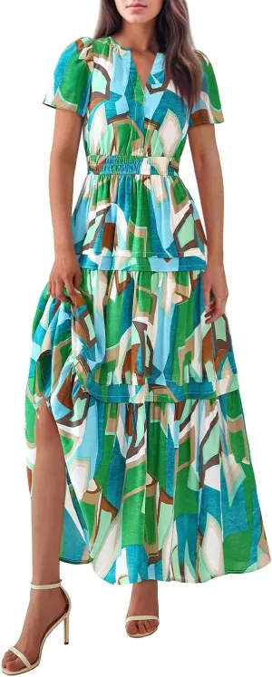 Long Floral Dresses for Women V Neck Summer Short Sleeve Loose Classy Sundresses Fashion Party Maxi Dresses