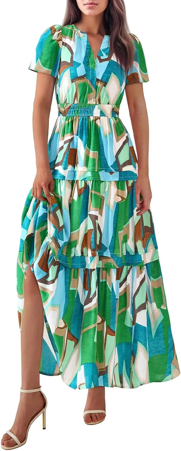 Long Floral Dresses for Women V Neck Summer Short Sleeve Loose Classy Sundresses Fashion Party Maxi Dresses