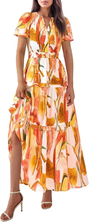 Long Floral Dresses for Women V Neck Summer Short Sleeve Loose Classy Sundresses Fashion Party Maxi Dresses