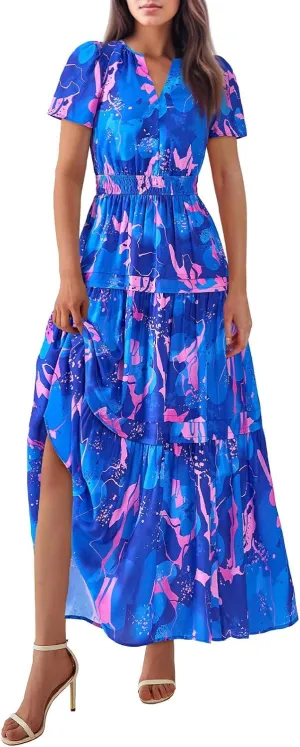 Long Floral Dresses for Women V Neck Summer Short Sleeve Loose Classy Sundresses Fashion Party Maxi Dresses