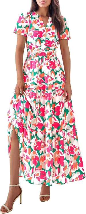 Long Floral Dresses for Women V Neck Summer Short Sleeve Loose Classy Sundresses Fashion Party Maxi Dresses