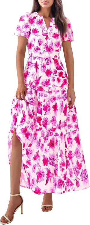 Long Floral Dresses for Women V Neck Summer Short Sleeve Loose Classy Sundresses Fashion Party Maxi Dresses