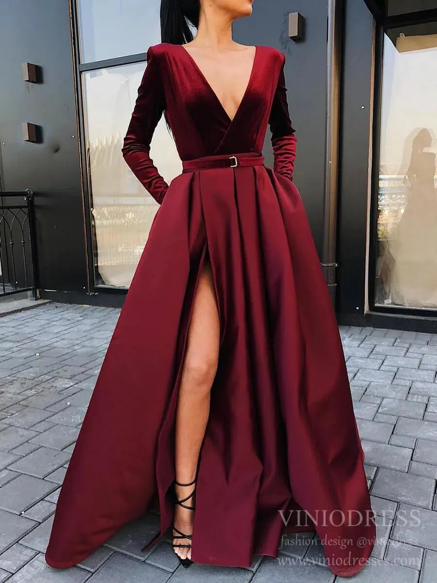 Long Sleeve Black Satin Prom Dresses with Pockets Red Formal Dress FD1595