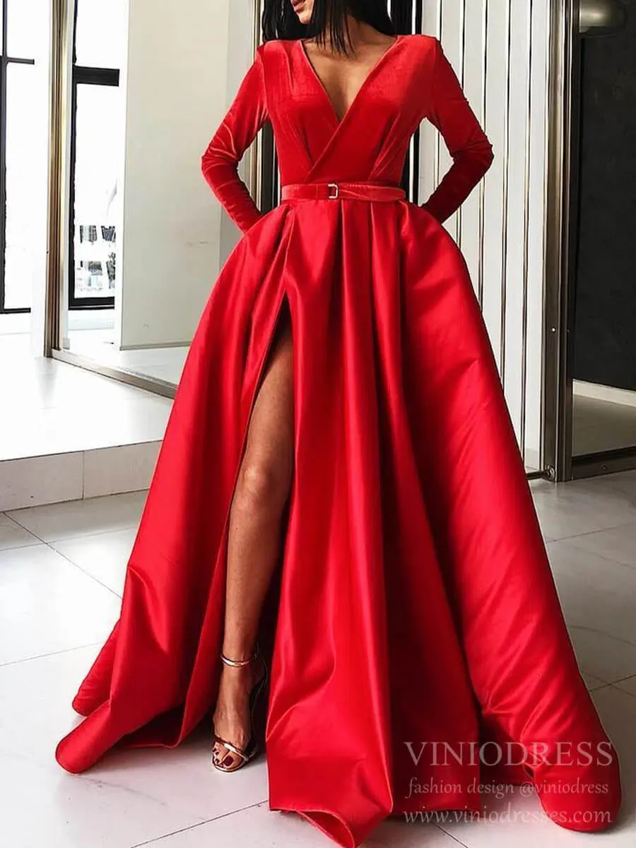 Long Sleeve Black Satin Prom Dresses with Pockets Red Formal Dress FD1595