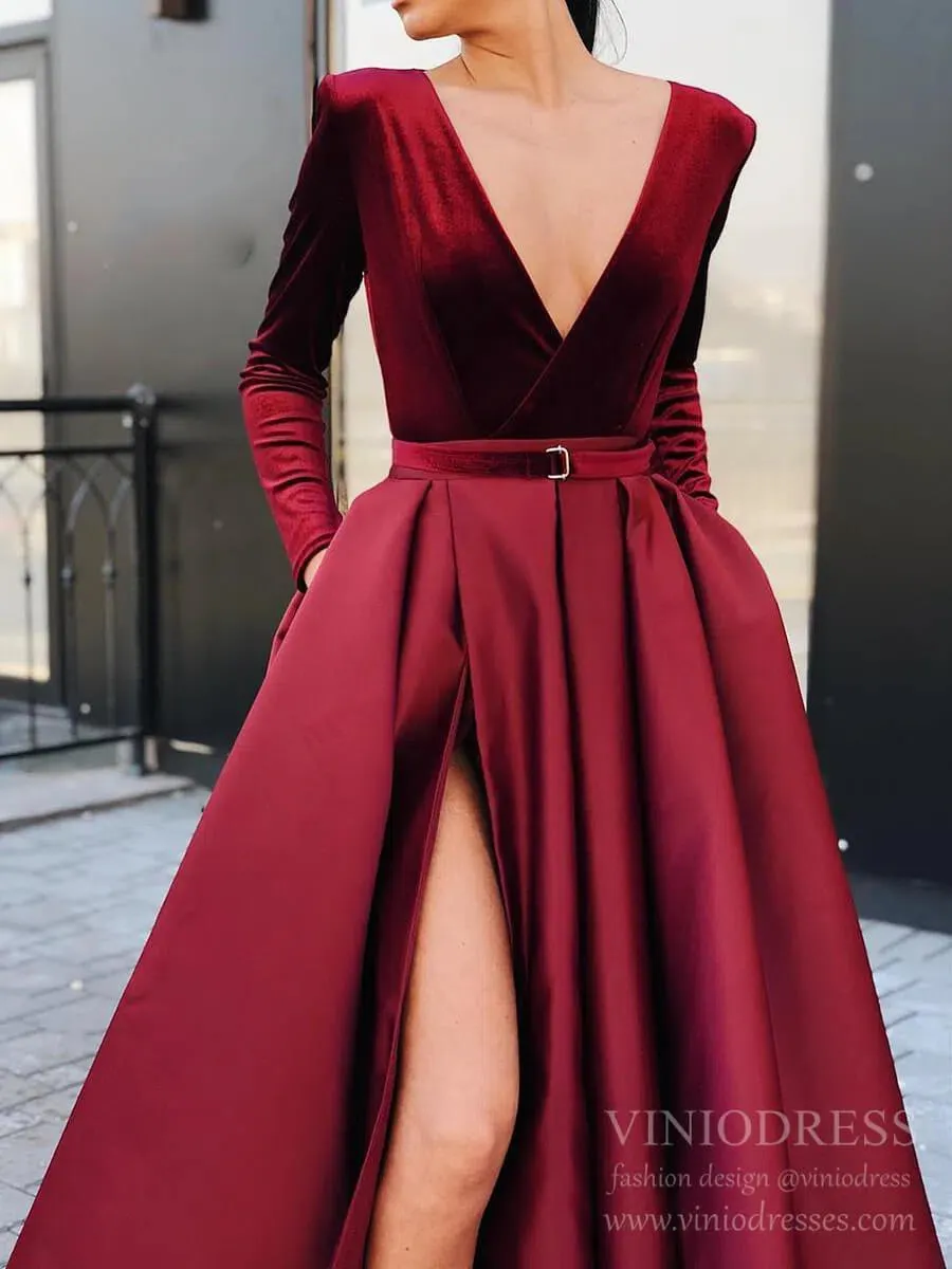 Long Sleeve Black Satin Prom Dresses with Pockets Red Formal Dress FD1595