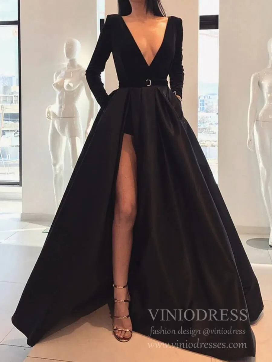 Long Sleeve Black Satin Prom Dresses with Pockets Red Formal Dress FD1595