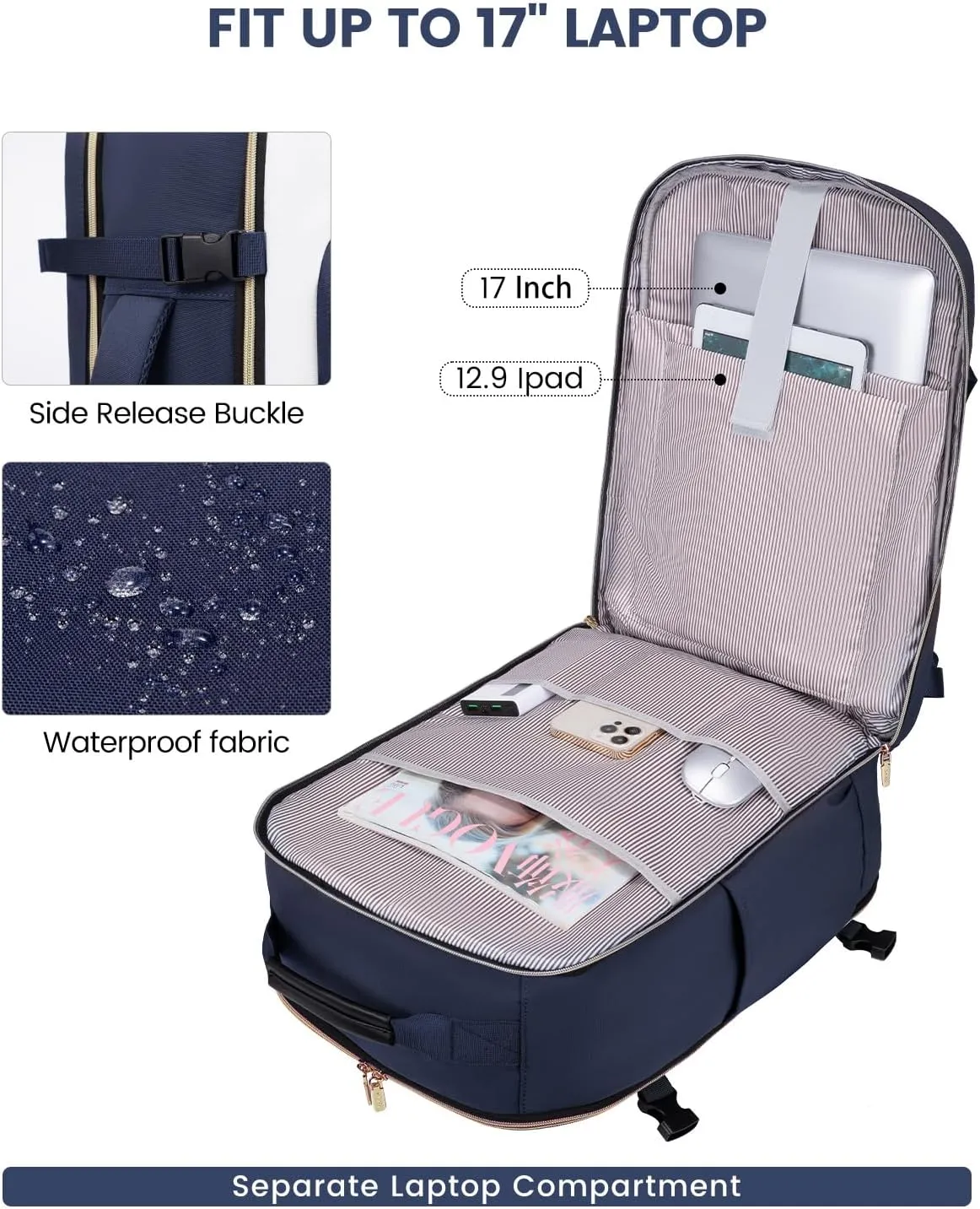 LOVEVOOK Large Travel Backpack for Women & Men, 40L Carry on Backpack for Airplanes, TSA Personal Item Travel Bag fits 17" Laptop, Waterproof Weekender Essentials Airline Approved with 3 Packing Cubes
