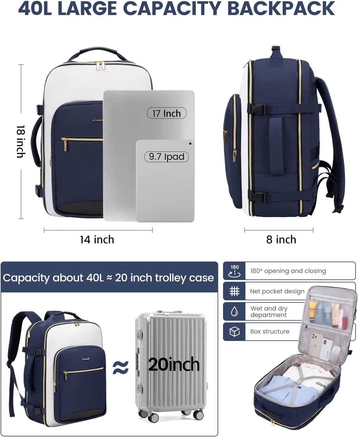LOVEVOOK Large Travel Backpack for Women & Men, 40L Carry on Backpack for Airplanes, TSA Personal Item Travel Bag fits 17" Laptop, Waterproof Weekender Essentials Airline Approved with 3 Packing Cubes