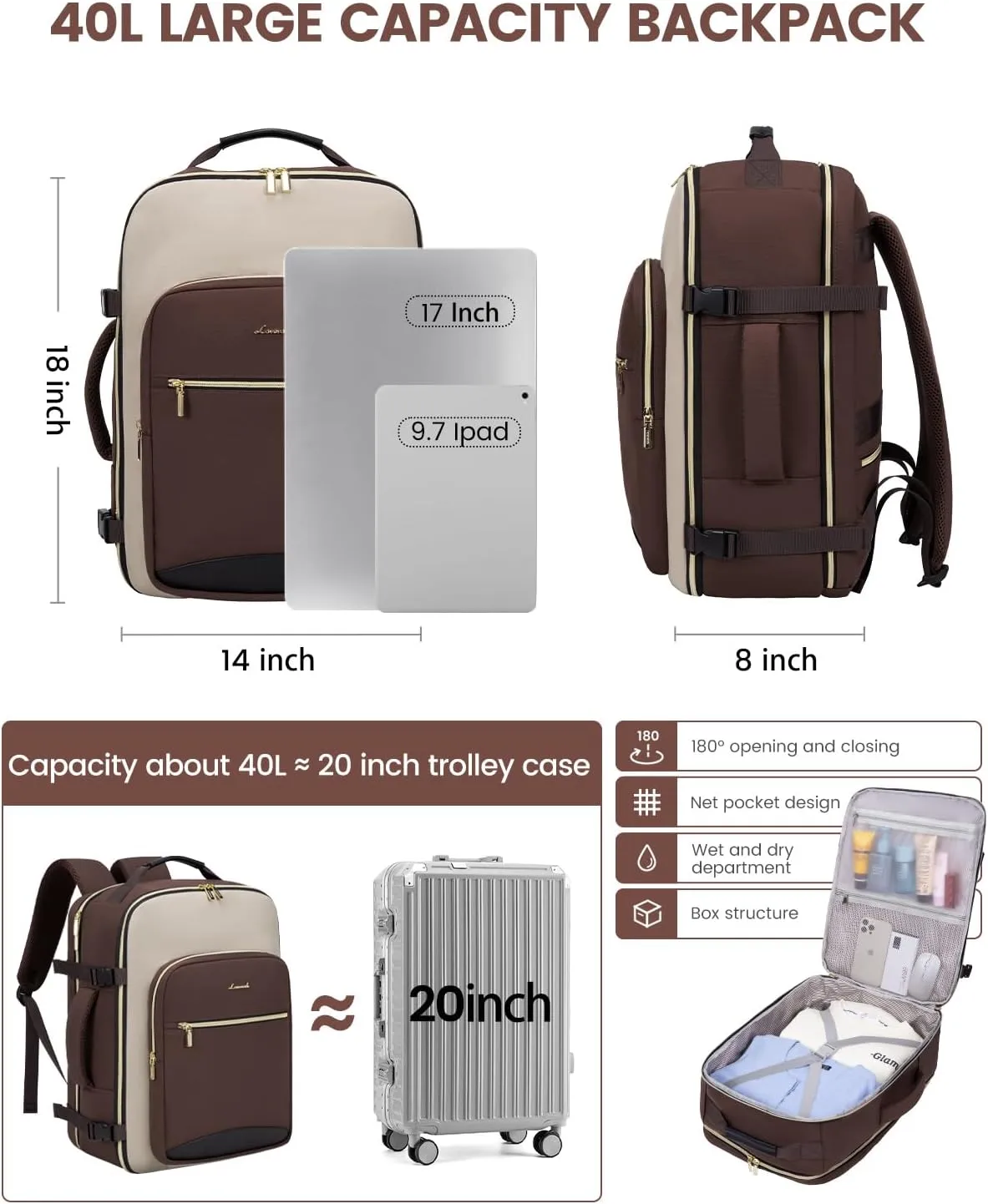 LOVEVOOK Large Travel Backpack for Women & Men, Carry on Backpack Airline Approved, TSA Personal Item Travel Bag fits 17" Laptop, 40L Waterproof Travel Essentials Sports Backpack with 3 Packing Cubes