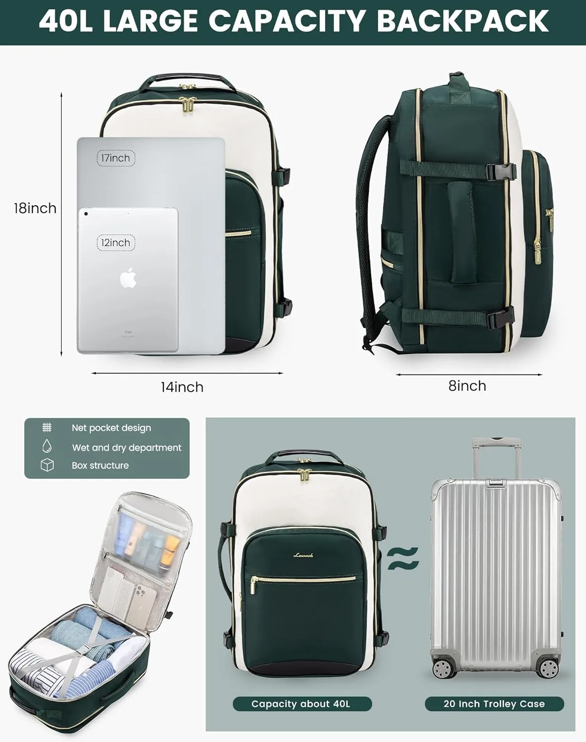 LOVEVOOK Large Travel Backpack for Women & Men, Carry on Backpack Airline Approved, TSA Personal Item Travel Bag fits 17" Laptop, 40L Waterproof Travel Essentials Sports Backpack with 3 Packing Cubes