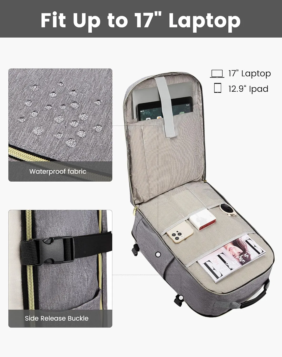 LOVEVOOK Large Travel Backpack for Women & Men, Carry on Backpack Airline Approved, TSA Personal Item Travel Bag fits 17" Laptop, 40L Waterproof Travel Essentials Sports Backpack with 3 Packing Cubes