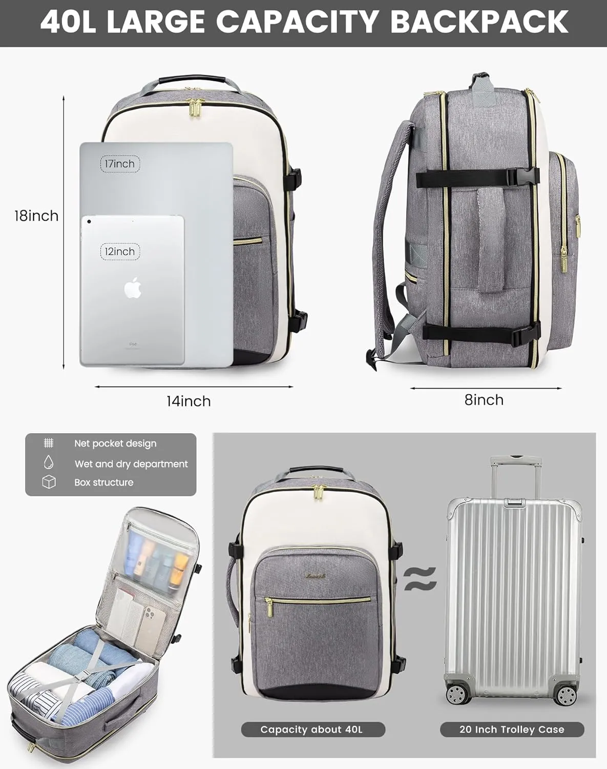 LOVEVOOK Large Travel Backpack for Women & Men, Carry on Backpack Airline Approved, TSA Personal Item Travel Bag fits 17" Laptop, 40L Waterproof Travel Essentials Sports Backpack with 3 Packing Cubes