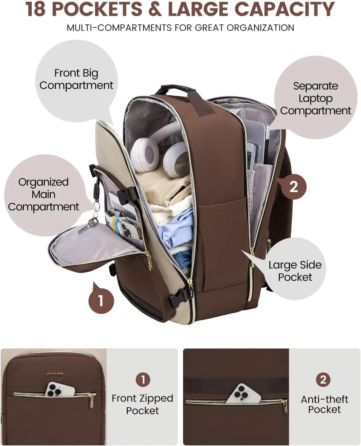 LOVEVOOK Large Travel Backpack for Women & Men, Carry on Backpack Airline Approved, TSA Personal Item Travel Bag fits 17" Laptop, 40L Waterproof Travel Essentials Sports Backpack with 3 Packing Cubes