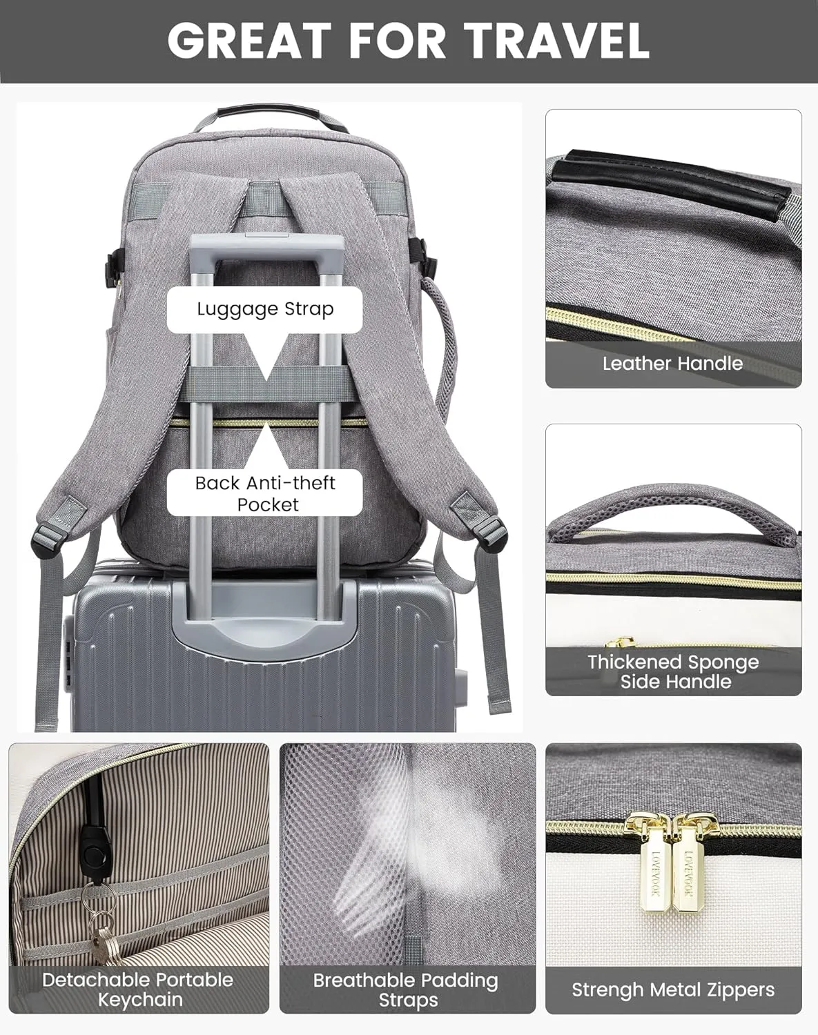 LOVEVOOK Large Travel Backpack for Women & Men, Carry on Backpack Airline Approved, TSA Personal Item Travel Bag fits 17" Laptop, 40L Waterproof Travel Essentials Sports Backpack with 3 Packing Cubes
