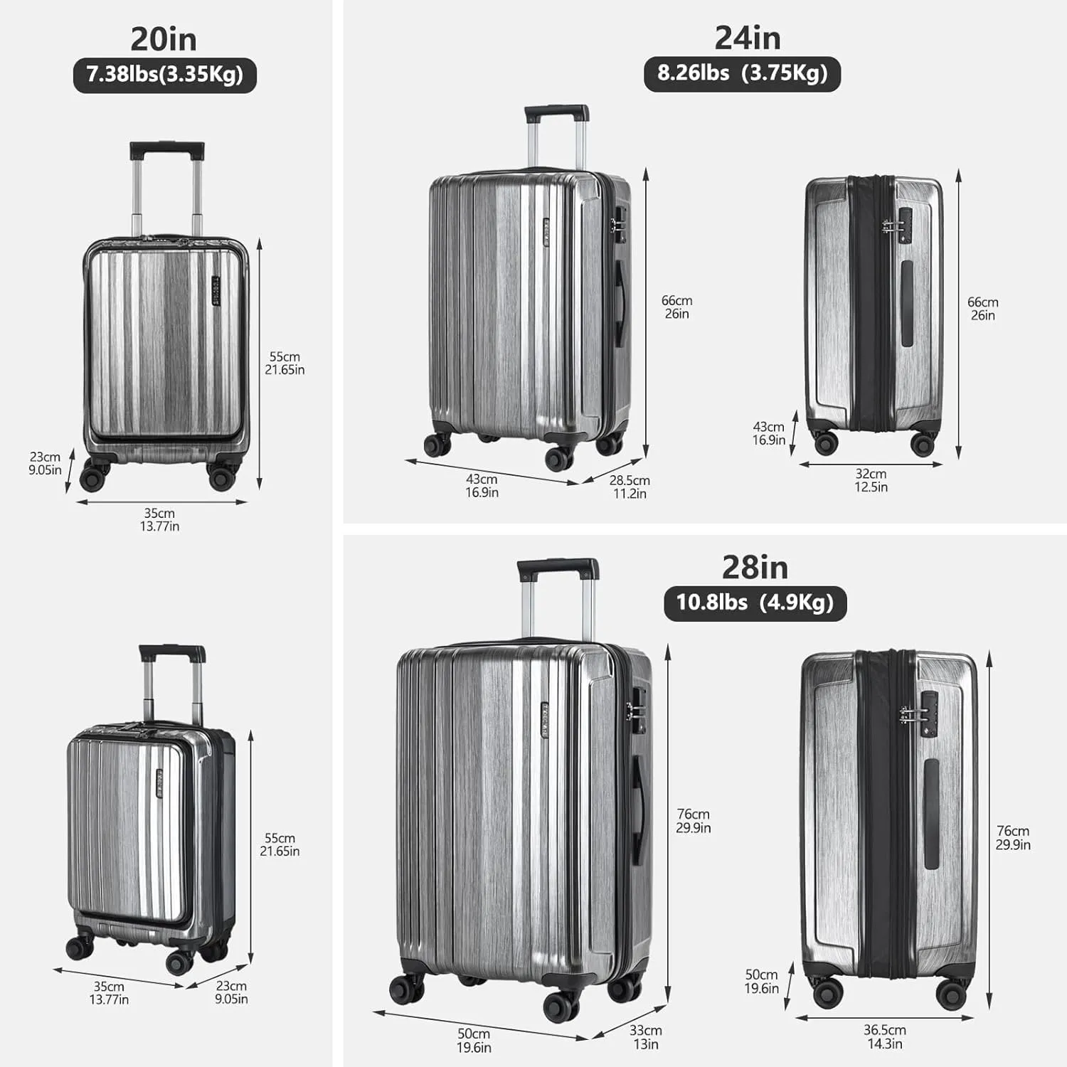Luggage Set 2 Piece 20/28, 20" Carry-on with Front Pocket & 28" Expandable Luggage, ABS PC Suitcase with Spinner Wheels, Silver Grey