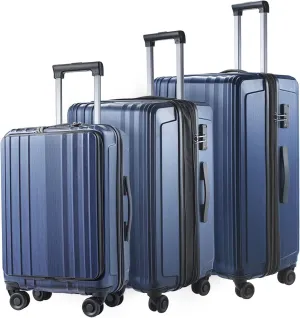 Luggage Set 3 Piece 20/24/28, 20" carry on with Front Pocket & 24/28" with Expandable, ABS PC Suitcase with 4 Silent Wheels, Dark Blue