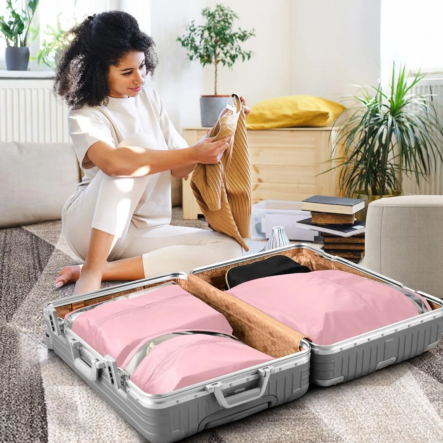 Luggage Space Saver, Luggages Management Personnel, Light Pink, With Zipper, 3 Set Travel Packing Cubes For Suitcases, Garment Bag Closet Storage