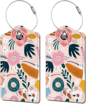 Luggage Tags for Suitcase, 2 Pack Suitcase Tags with 4 Stainless Steel Loop and Identifiers Privacy Cover ID Label for Women Men Travel Gifts (Pink Floral)