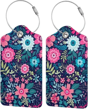 Luggage Tags for suitcases, 2 Pack Tropical Flower Luggage Tag, Leather Stainless Steel Loop Label Tag for Women Girl Travel Bag Suitcase
